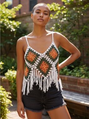 NWT VIVID Crochet Fringe Top Boho Festival Granny Square Tank White L Cami